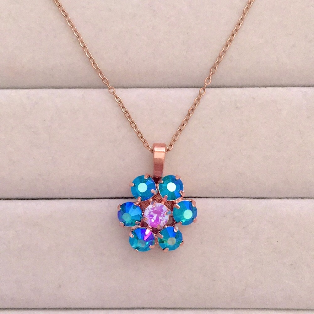 Aquamarine Violet Aurora Borealis + Rose Gold Crystal Flower Drop Necklace
